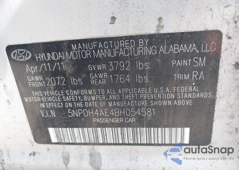 2011 Hyundai Elantra Gls z USA, uszkodzony, nr VIN 5NPDH4AE4BH054581